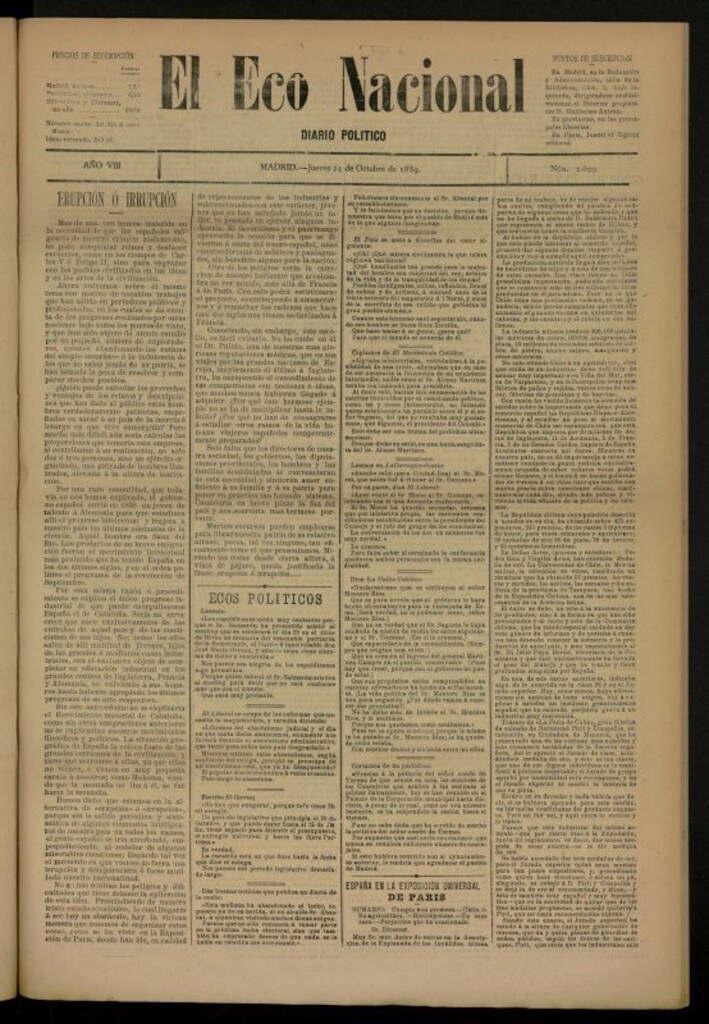 Miniatura de El Eco Nacional de 24 de octubre de 1889, nº 2699