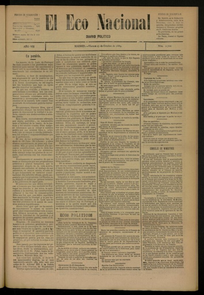Miniatura de El Eco Nacional de 25 de octubre de 1889, nº 2700