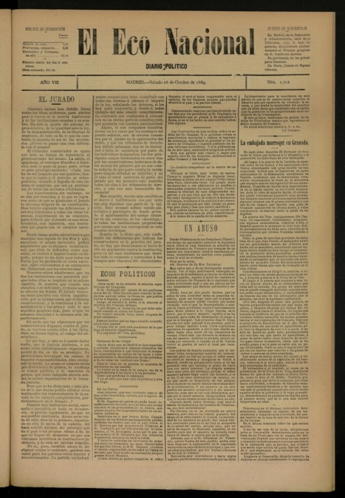 Miniatura de El Eco Nacional de 26 de octubre de 1889, nº 2701