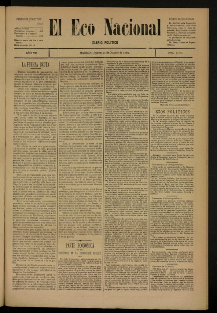 Miniatura de El Eco Nacional de 29 de octubre de 1889, nº 2703