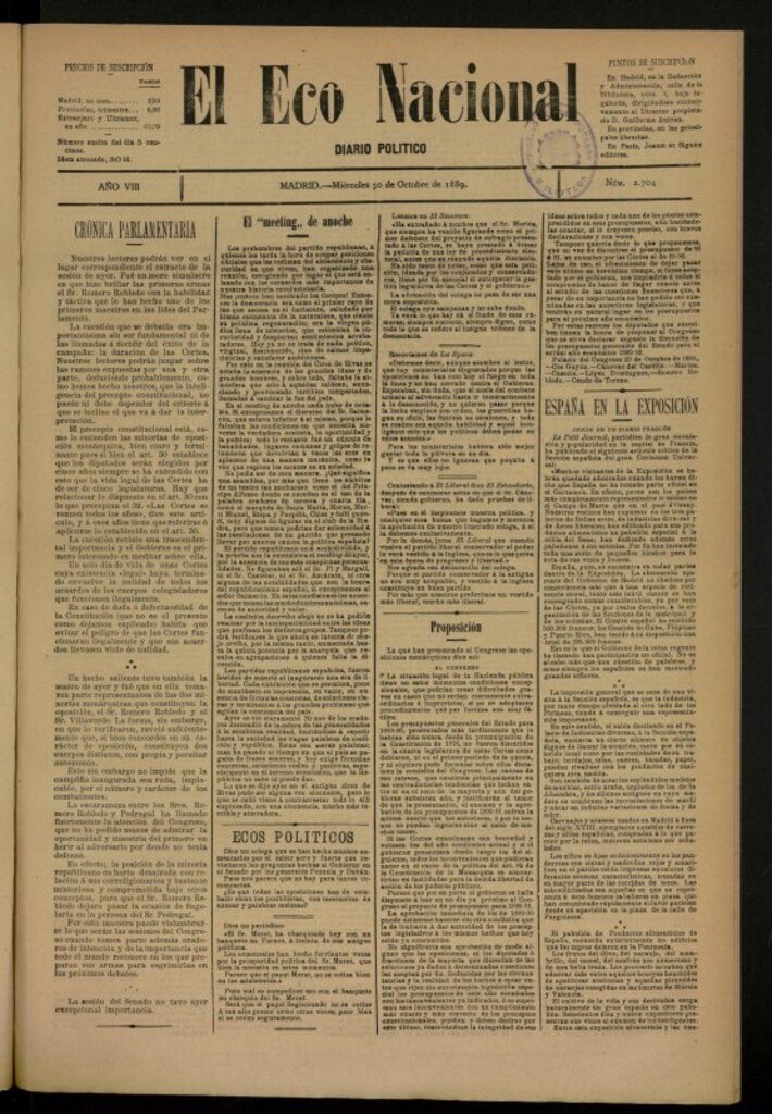 Miniatura de El Eco Nacional de 30 de octubre de 1889, nº 2704