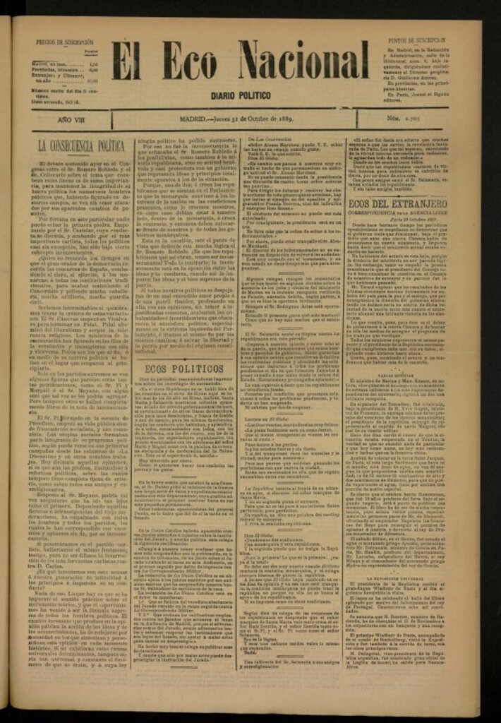 Miniatura de El Eco Nacional de 31 de octubre de 1889, nº 2705