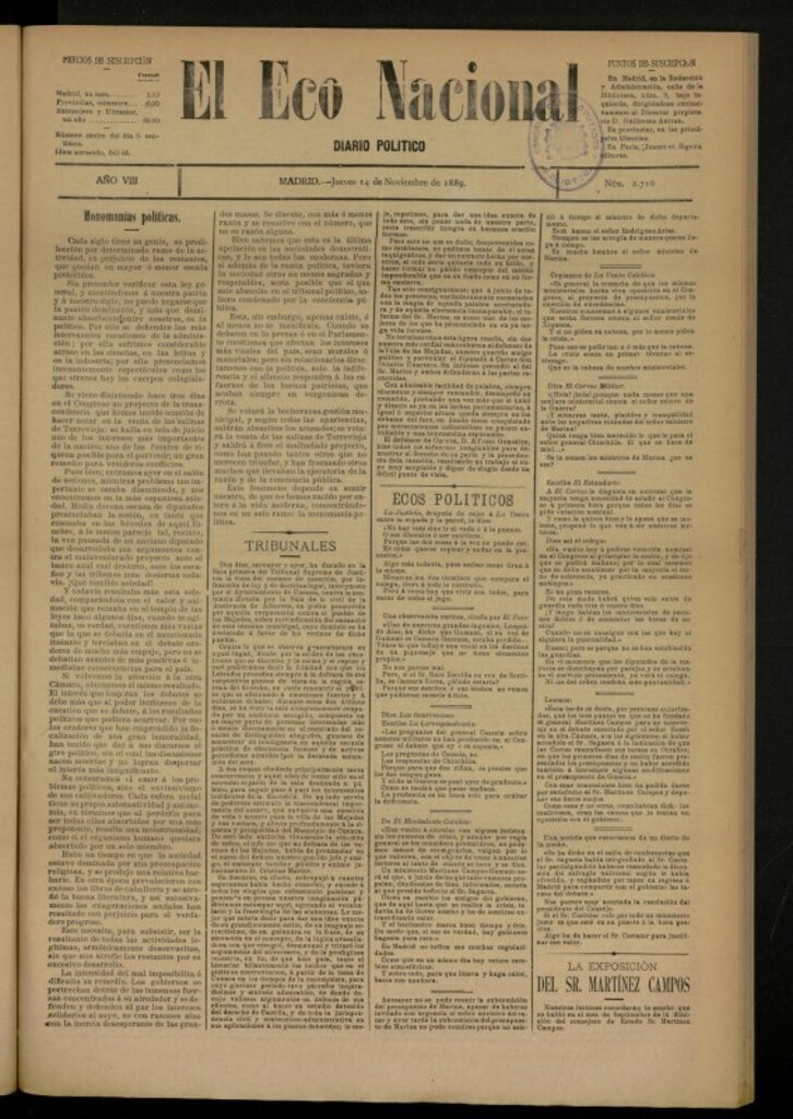 Miniatura de El Eco Nacional de 14 de noviembre de 1889, nº 2716