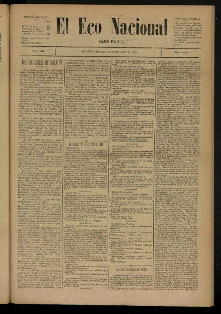 Miniatura de El Eco Nacional de 24 de noviembre de 1889, nº 2725