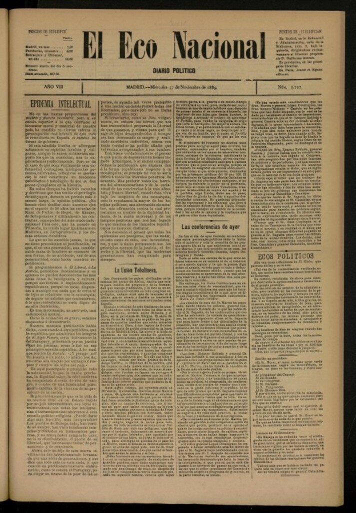 Miniatura de El Eco Nacional de 27 de noviembre de 1889, nº 2727