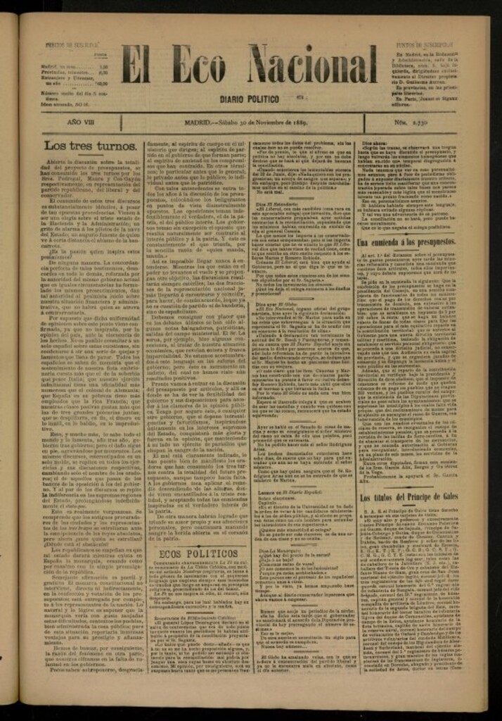 Miniatura de El Eco Nacional de 30 de noviembre de 1889, nº 2730
