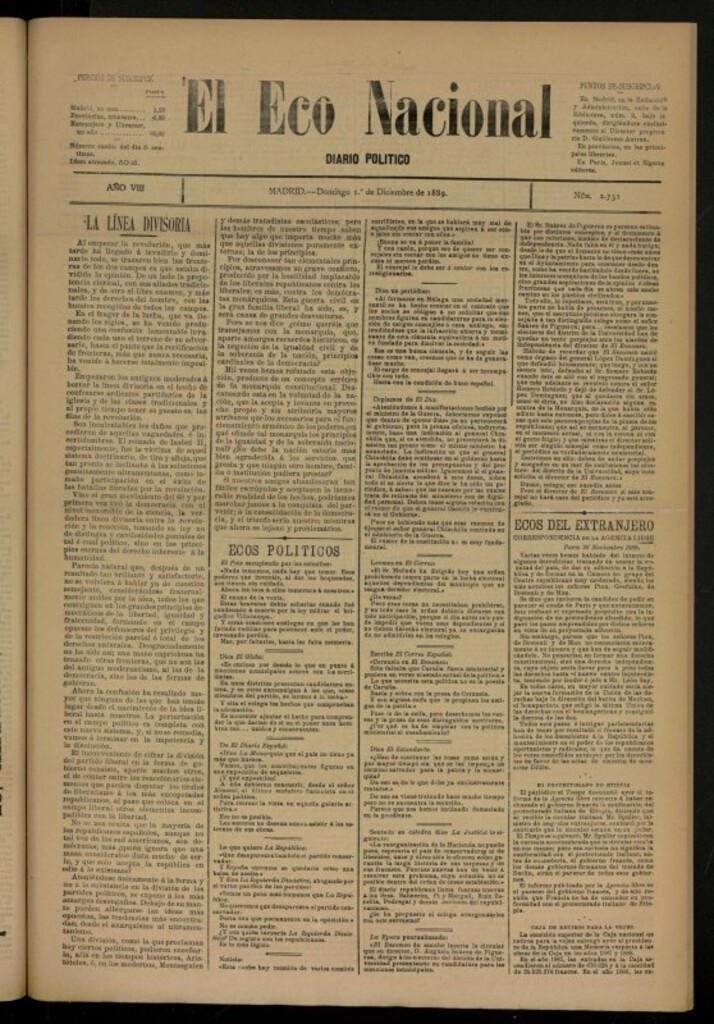 Miniatura de El Eco Nacional de 1 de diciembre de 1889, nº 2731 [sic]