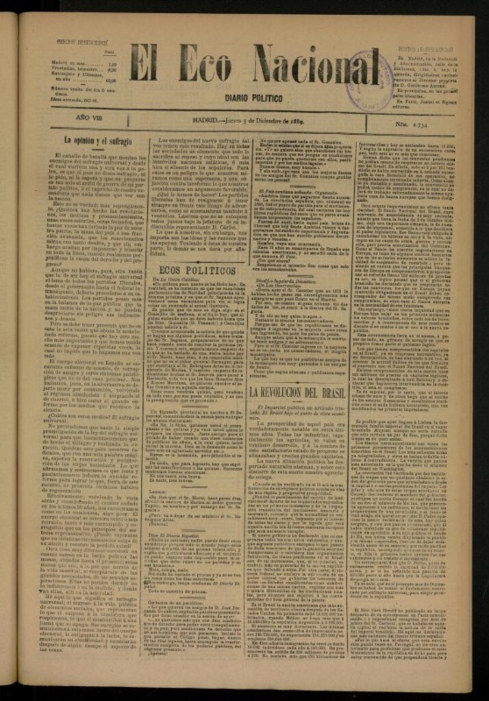 Miniatura de El Eco Nacional de 5 de diciembre de 1889, nº 2734
