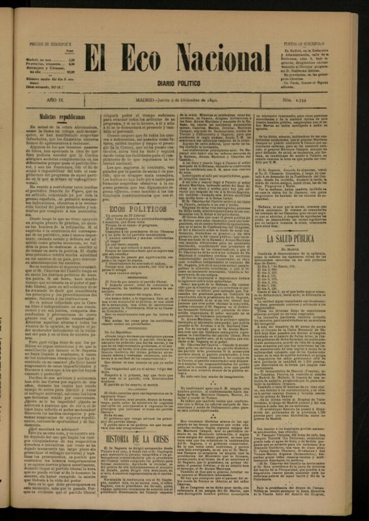 Miniatura de El Eco Nacional de 9 de diciembre de 1889, nº 2759 [sic]