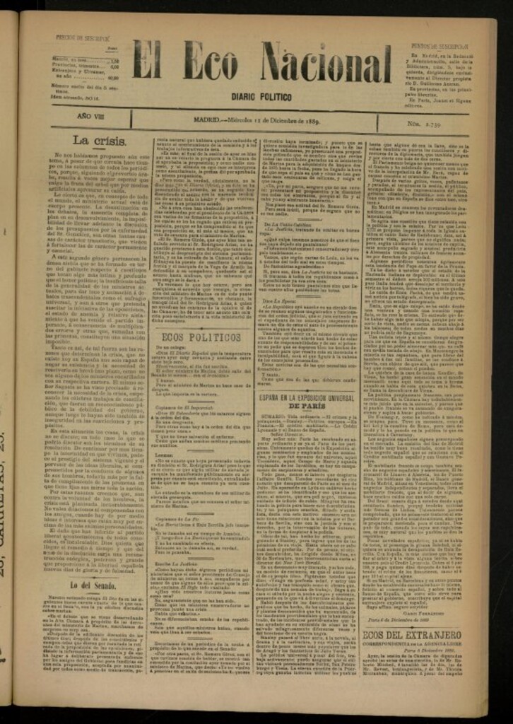 Miniatura de El Eco Nacional de 11 de diciembre de 1889, nº 2739