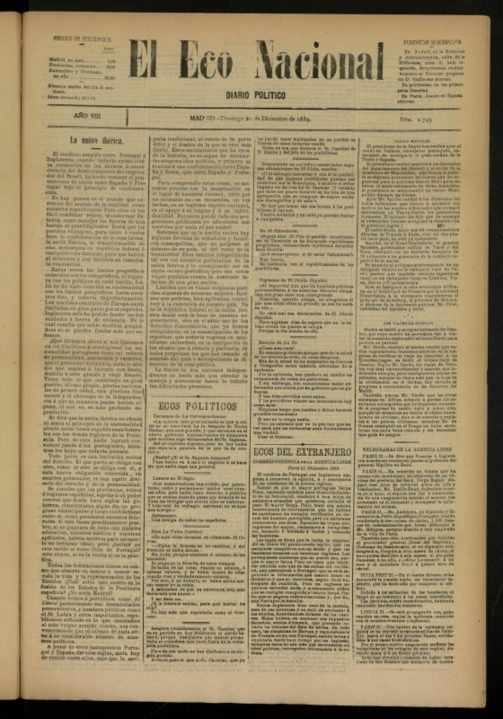 Miniatura de El Eco Nacional de 22 de diciembre de 1889, nº 2749