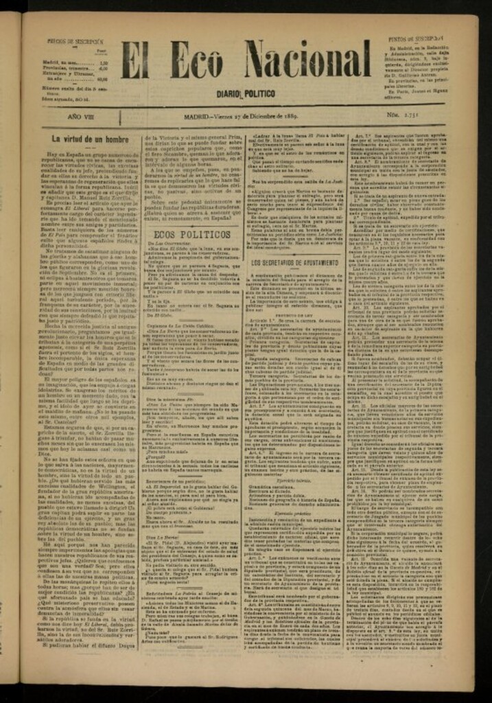 Miniatura de El Eco Nacional de 27 de diciembre de 1889, nº 2751