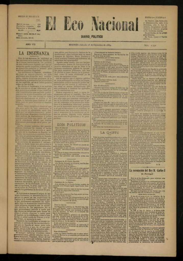 Miniatura de El Eco Nacional de 28 de diciembre de 1889, nº 2752