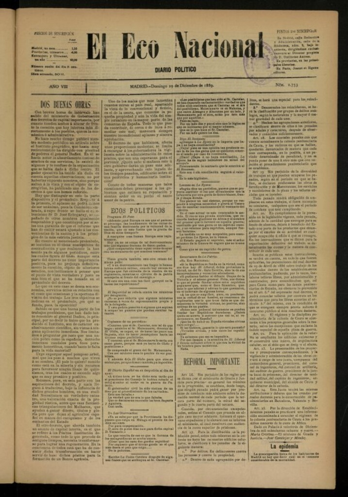 Miniatura de El Eco Nacional de 29 de diciembre de 1889, nº 2753