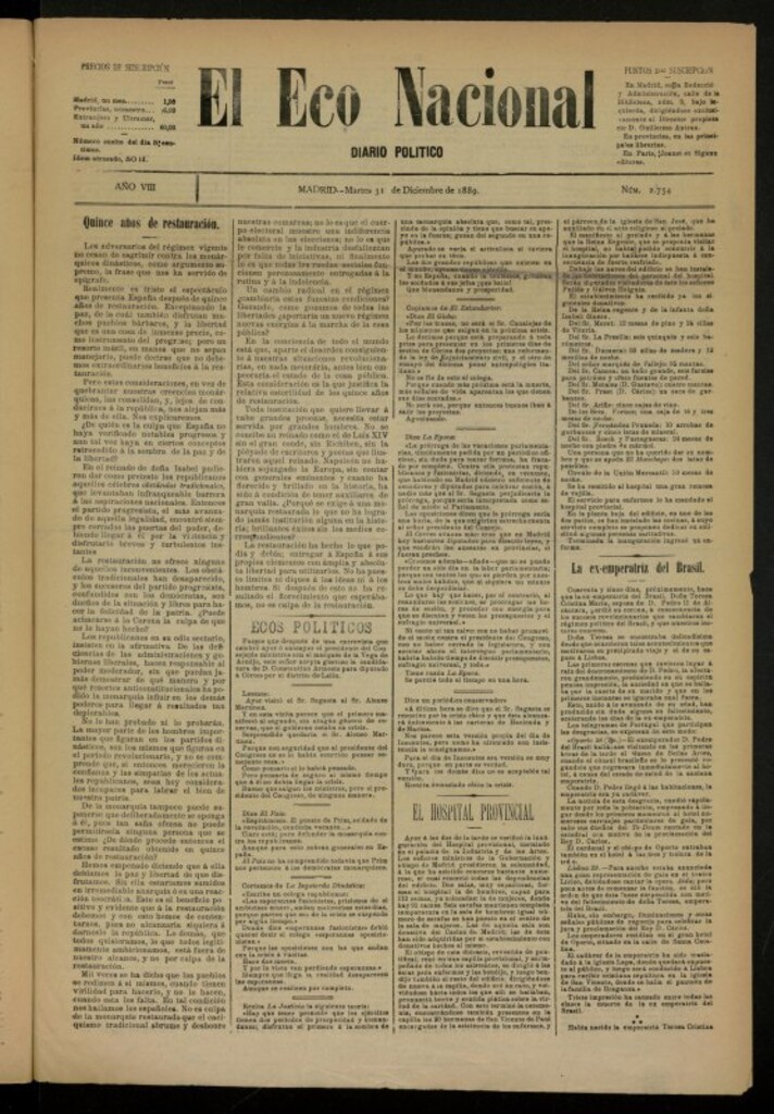 Miniatura de El Eco Nacional de 31 de diciembre de 1889, nº 2754