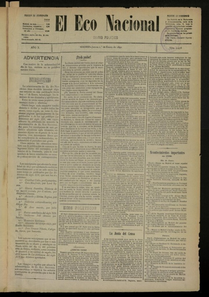 Miniatura de El Eco Nacional de 1 de enero de 1891, nº 2978