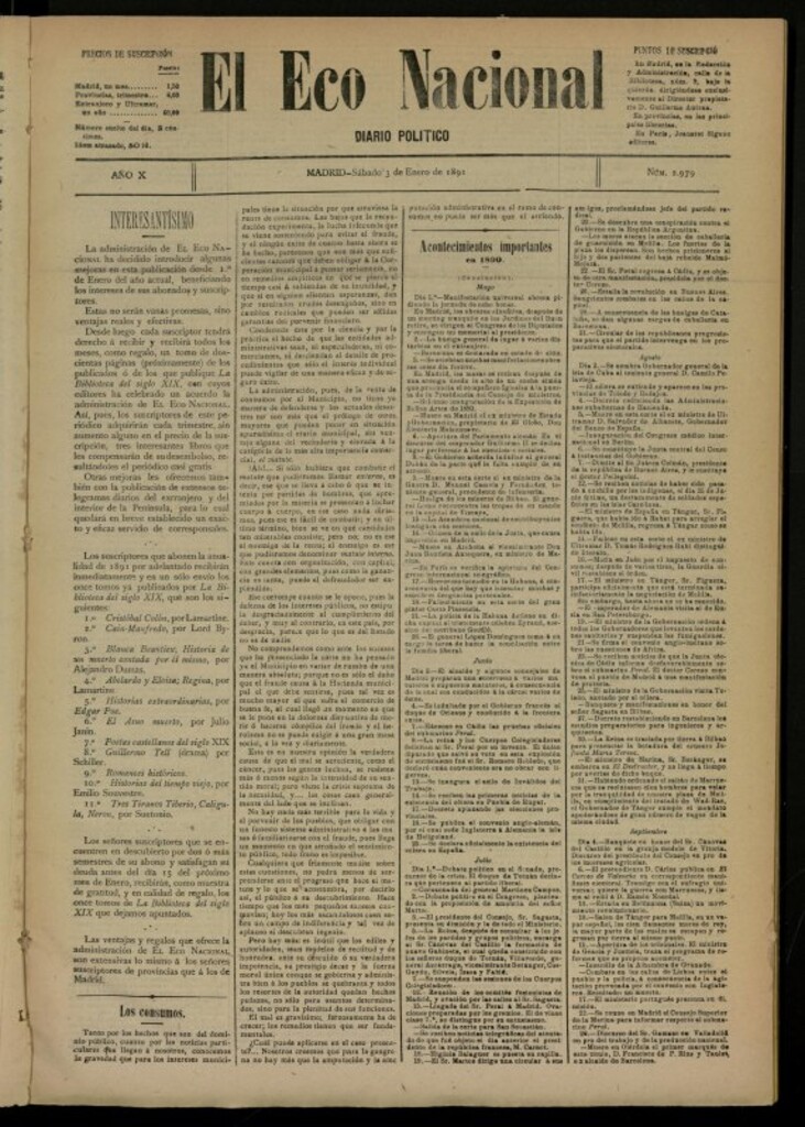 Miniatura de El Eco Nacional de 3 de enero de 1891, nº 2979
