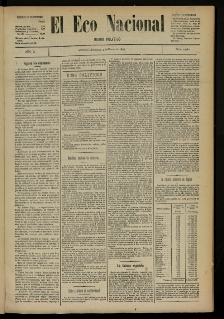 Miniatura de El Eco Nacional de 4 de enero de 1891, nº 2980