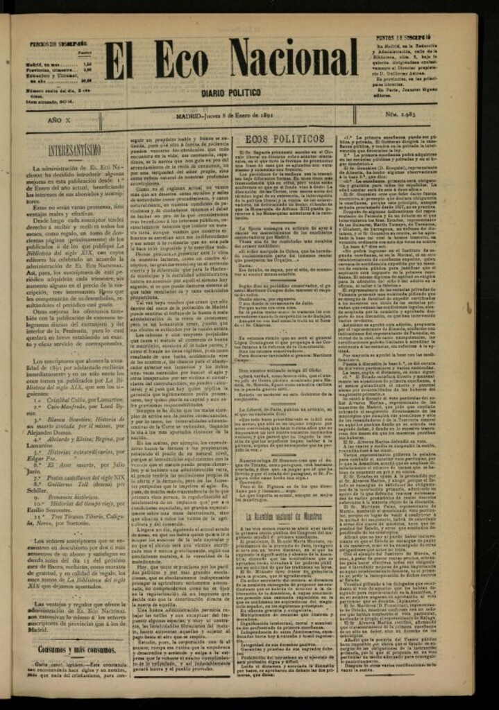 Miniatura de El Eco Nacional de 8 de enero de 1891, nº 2983