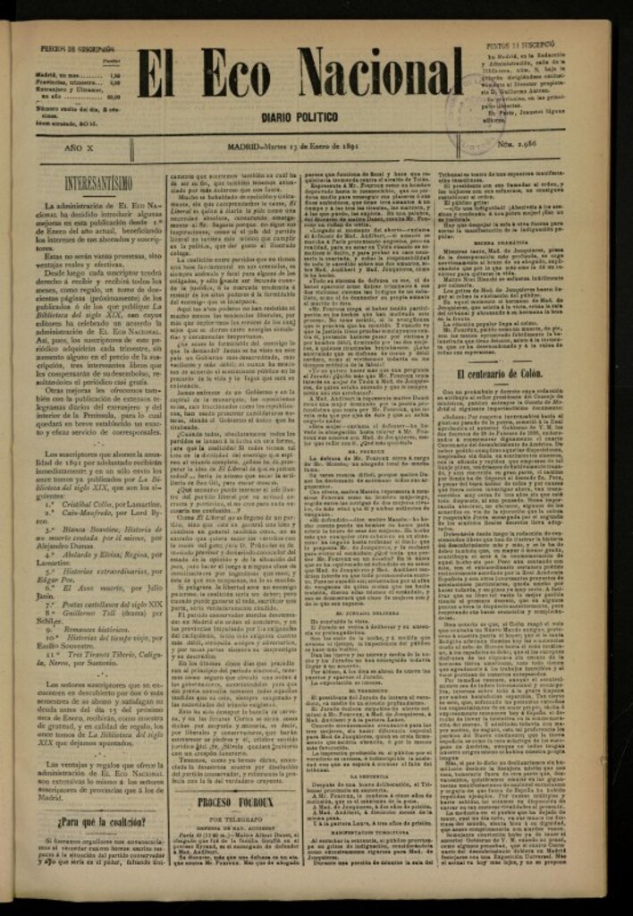Miniatura de El Eco Nacional de 13 de enero de 1891, nº 2986