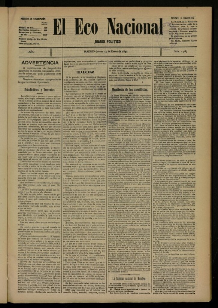 Miniatura de El Eco Nacional de 15 de enero de 1891, nº 2987