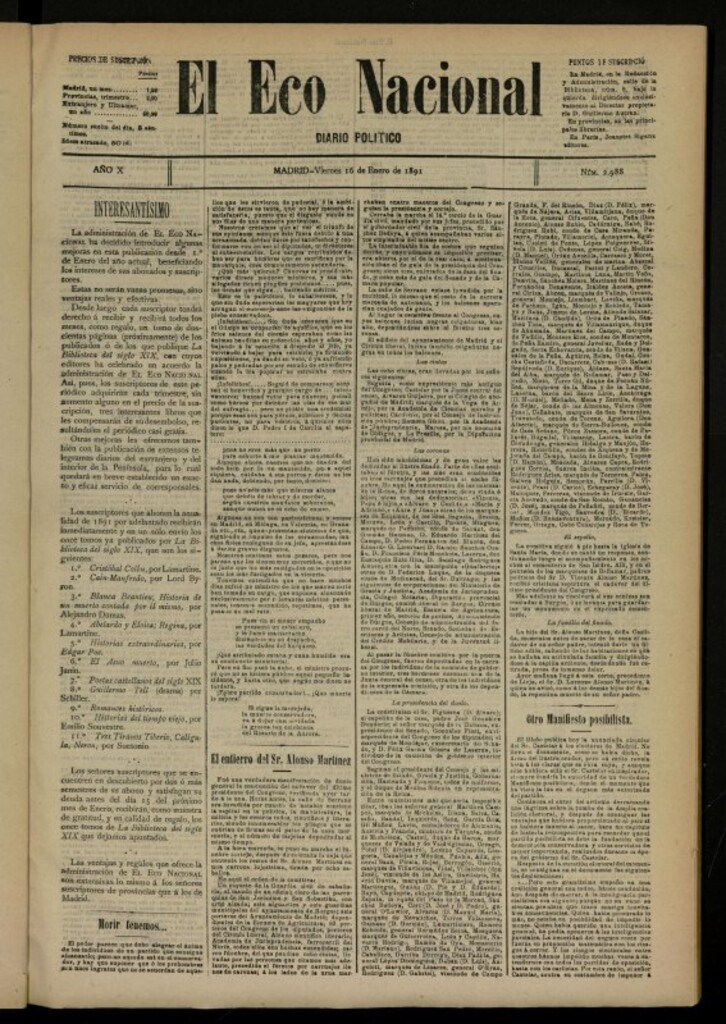 Miniatura de El Eco Nacional de 16 de enero de 1891, nº 2988