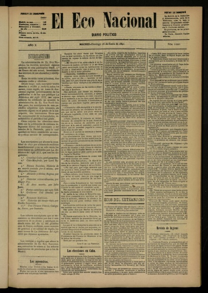 Miniatura de El Eco Nacional de 18 de enero de 1891, nº 2990