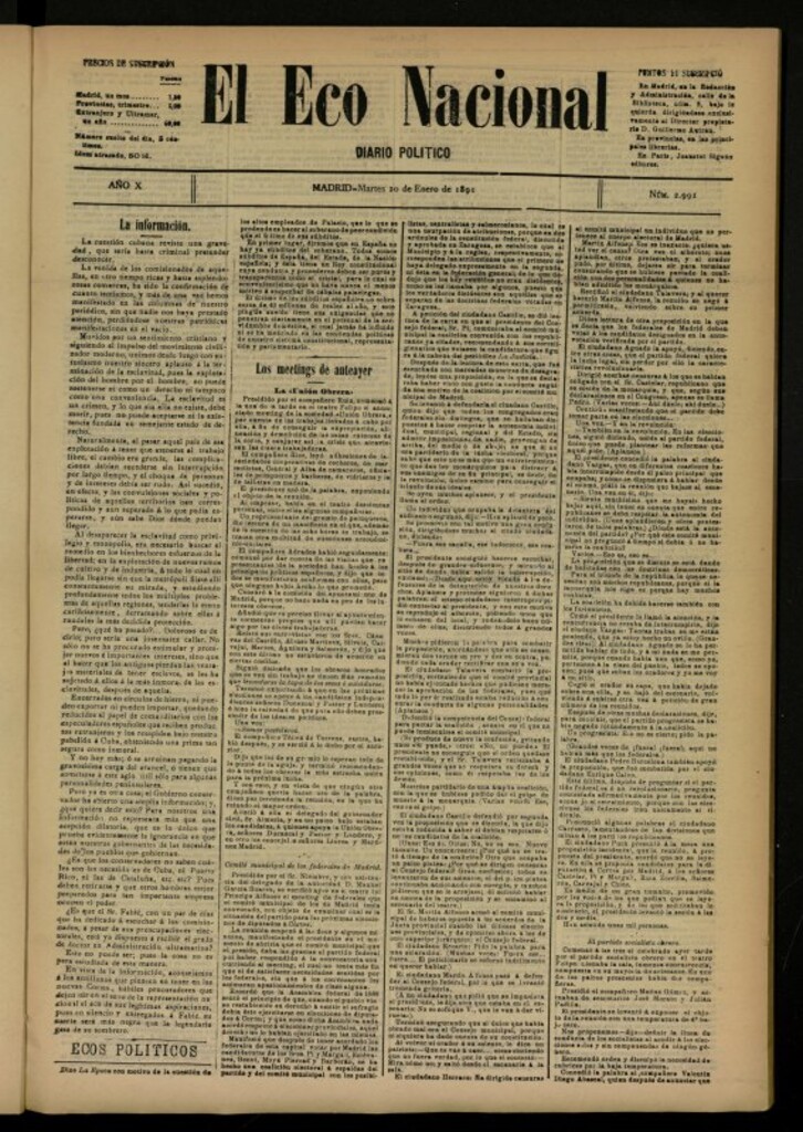 Miniatura de El Eco Nacional de 20 de enero de 1891, nº 2991