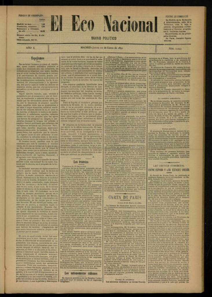 Miniatura de El Eco Nacional de 22 de enero de 1891, nº 2993