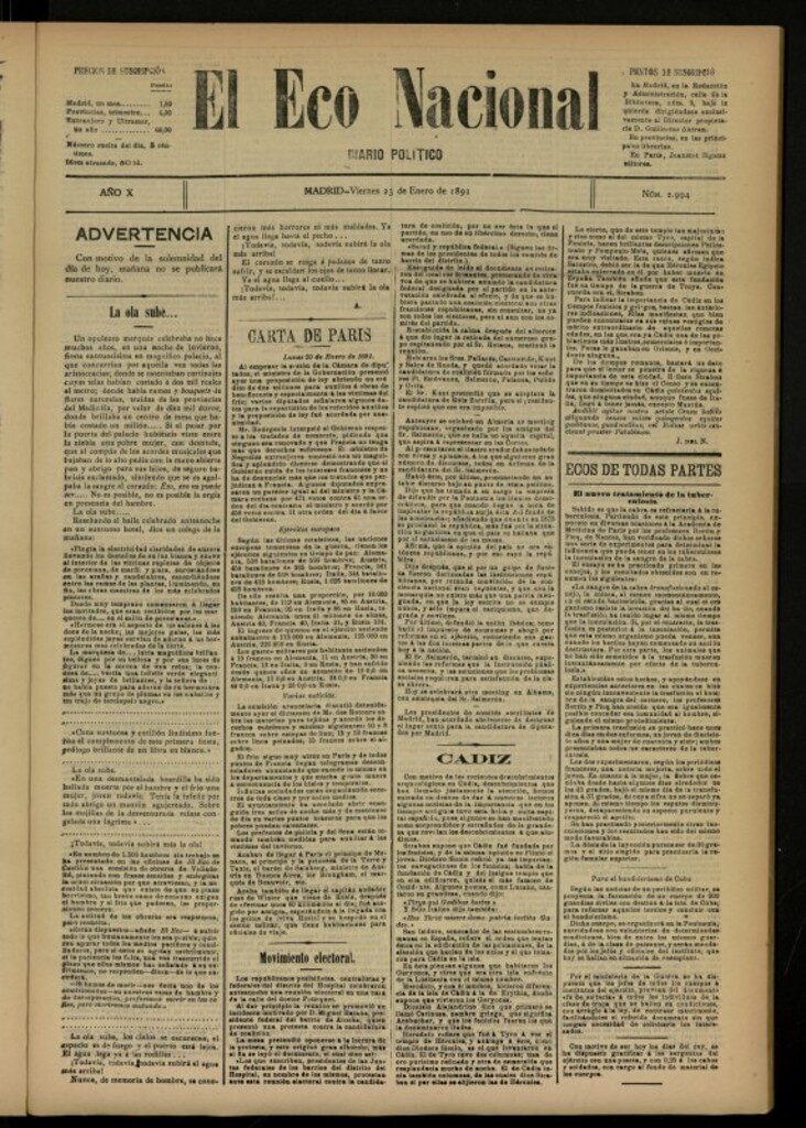 Miniatura de El Eco Nacional de 23 de enero de 1891, nº 2994