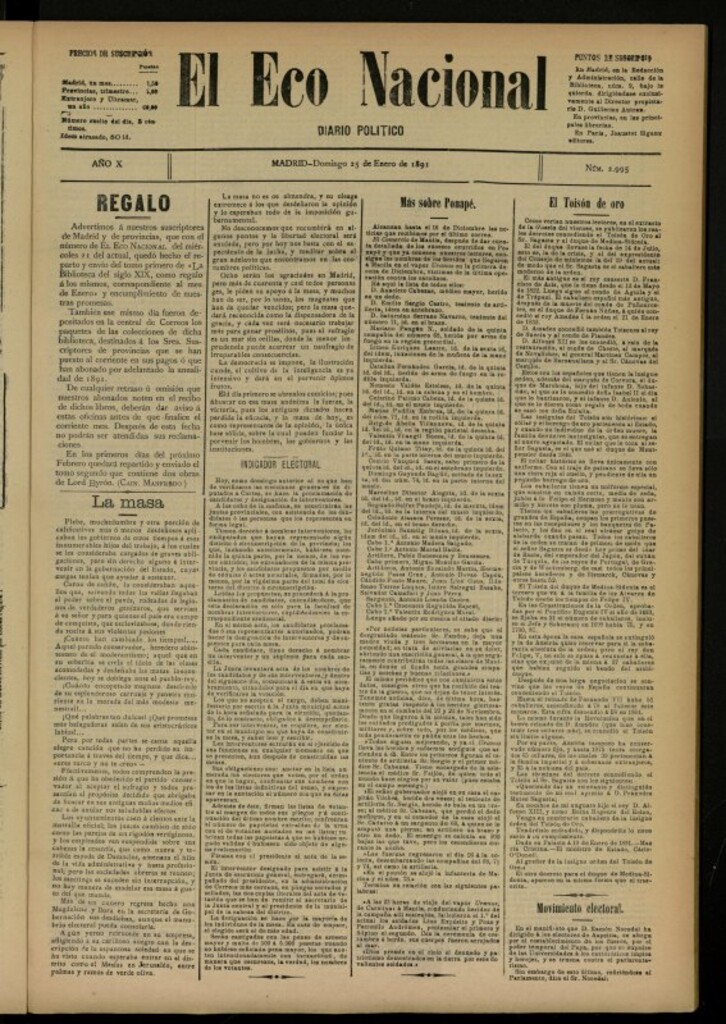 Miniatura de El Eco Nacional de 25 de enero de 1891, nº 2295
