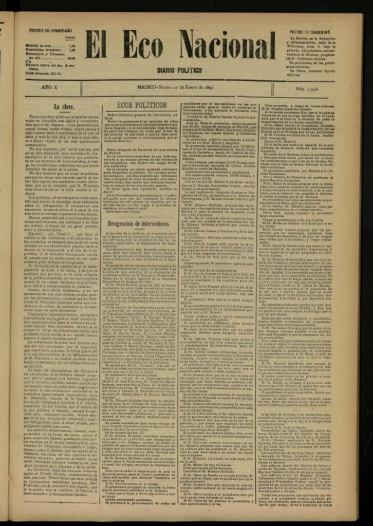 Miniatura de El Eco Nacional de 27 de enero de 1891, nº 2996