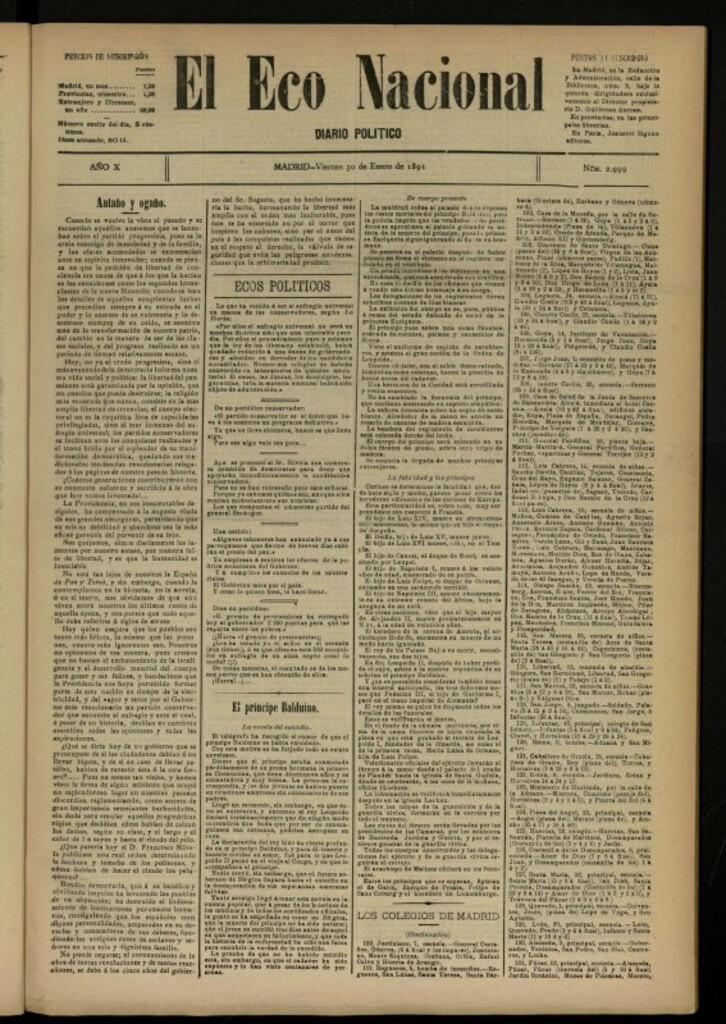 Miniatura de El Eco Nacional de 30 de enero de 1891, nº 2999