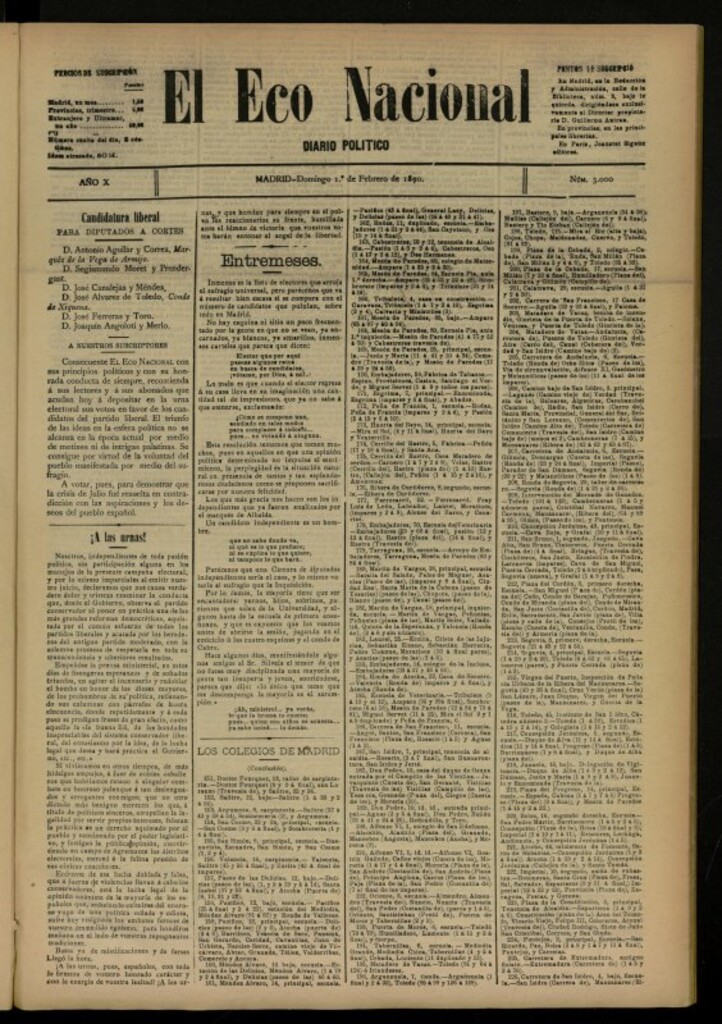 Miniatura de El Eco Nacional de 1 de febrero de 1891, nº 3000