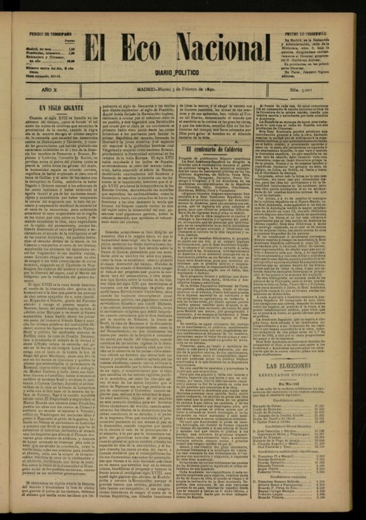 Miniatura de El Eco Nacional de 3 de febrero de 1891, nº 3001
