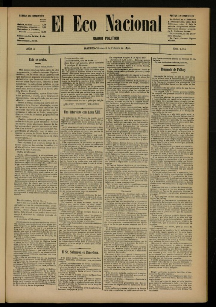 Miniatura de El Eco Nacional de 6 de febrero de 1891, nº 3004