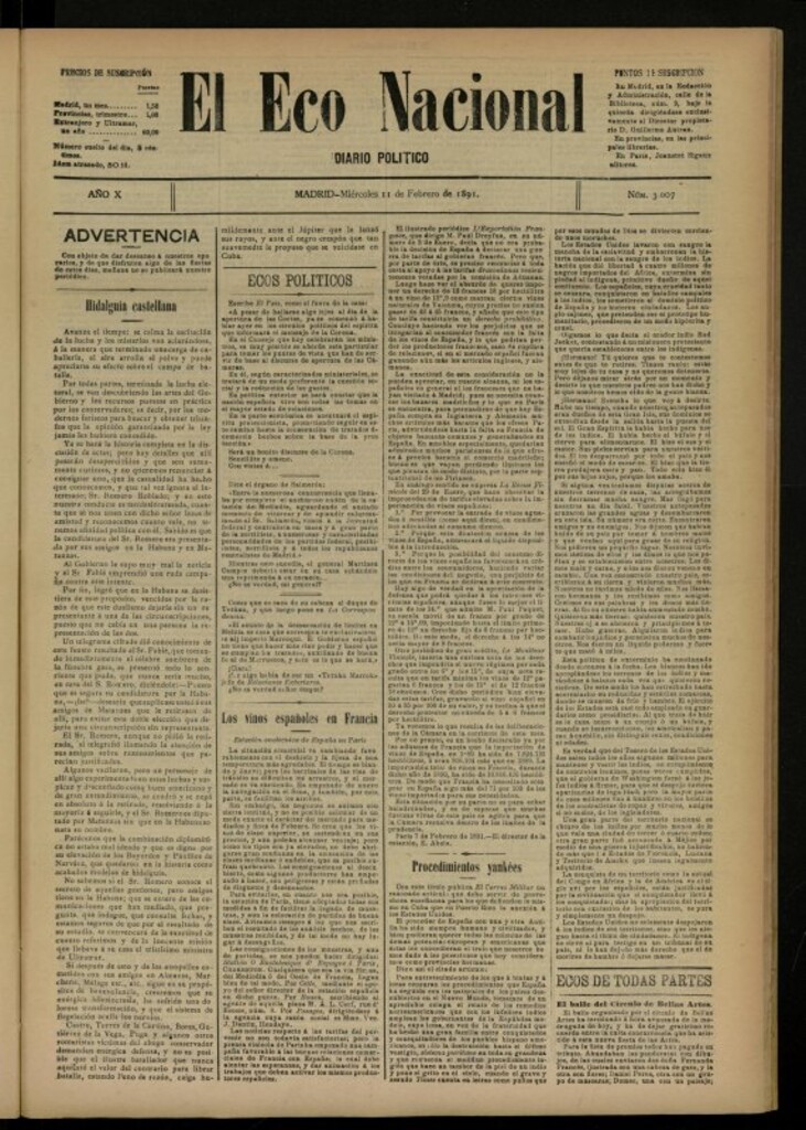 Miniatura de El Eco Nacional de 11 de febrero de 1891, nº 3007