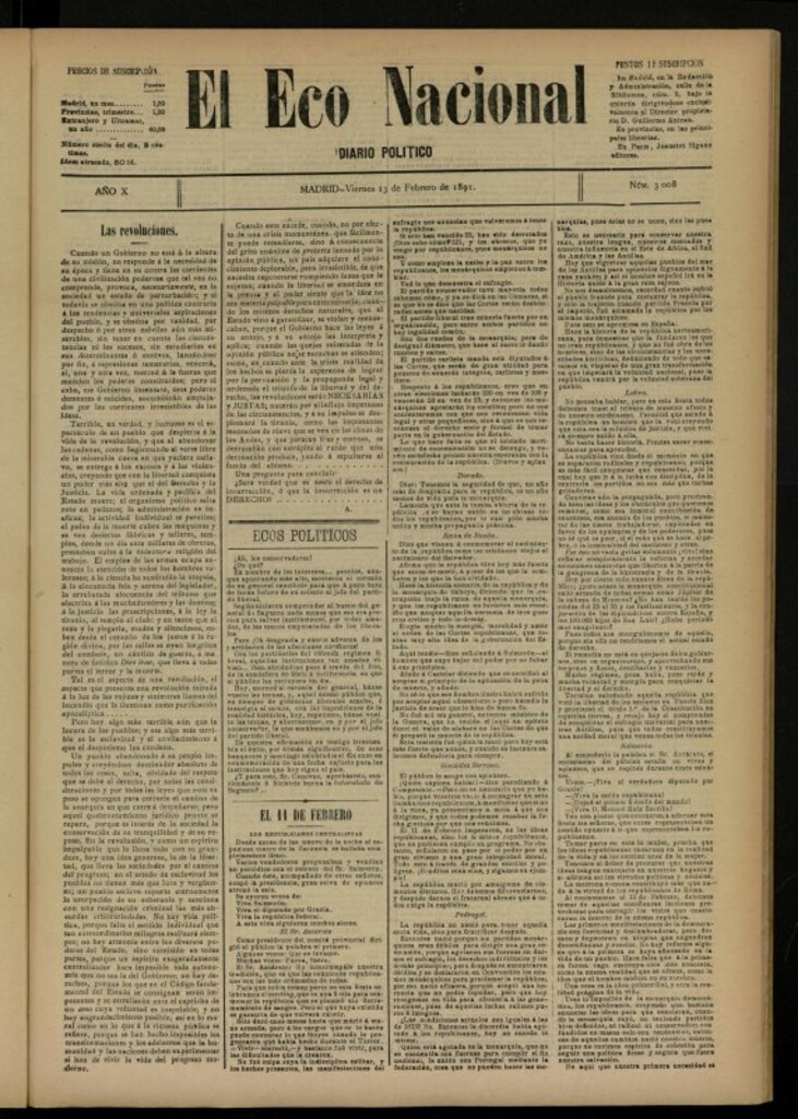 Miniatura de El Eco Nacional de 13 de febrero de 1891, nº 3008