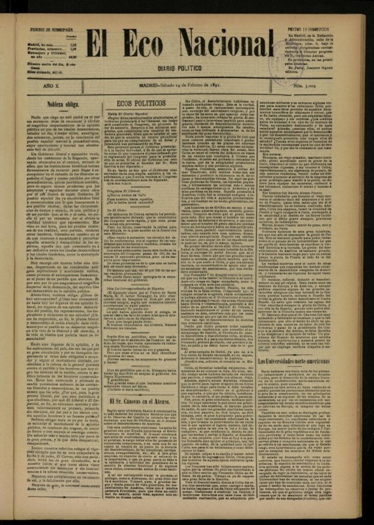 Miniatura de El Eco Nacional de 14 de febrero de 1891, nº 3009