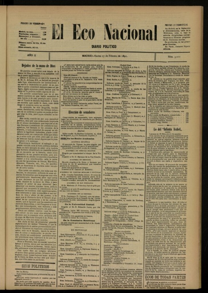 Miniatura de El Eco Nacional de 17 de febrero de 1891, nº 3011