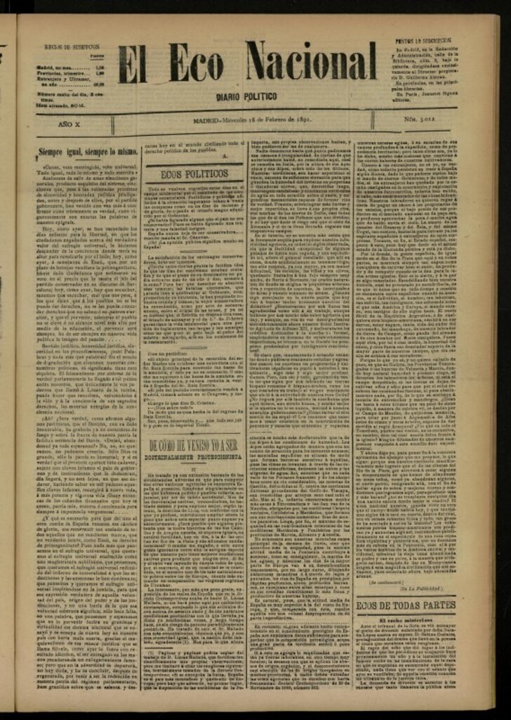 Miniatura de El Eco Nacional de 18 de febrero de 1891, nº 3012
