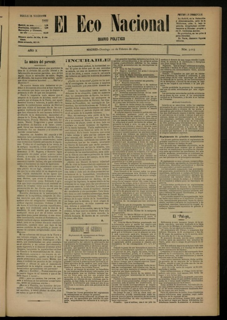 Miniatura de El Eco Nacional de 22 de febrero de 1891, nº 3015