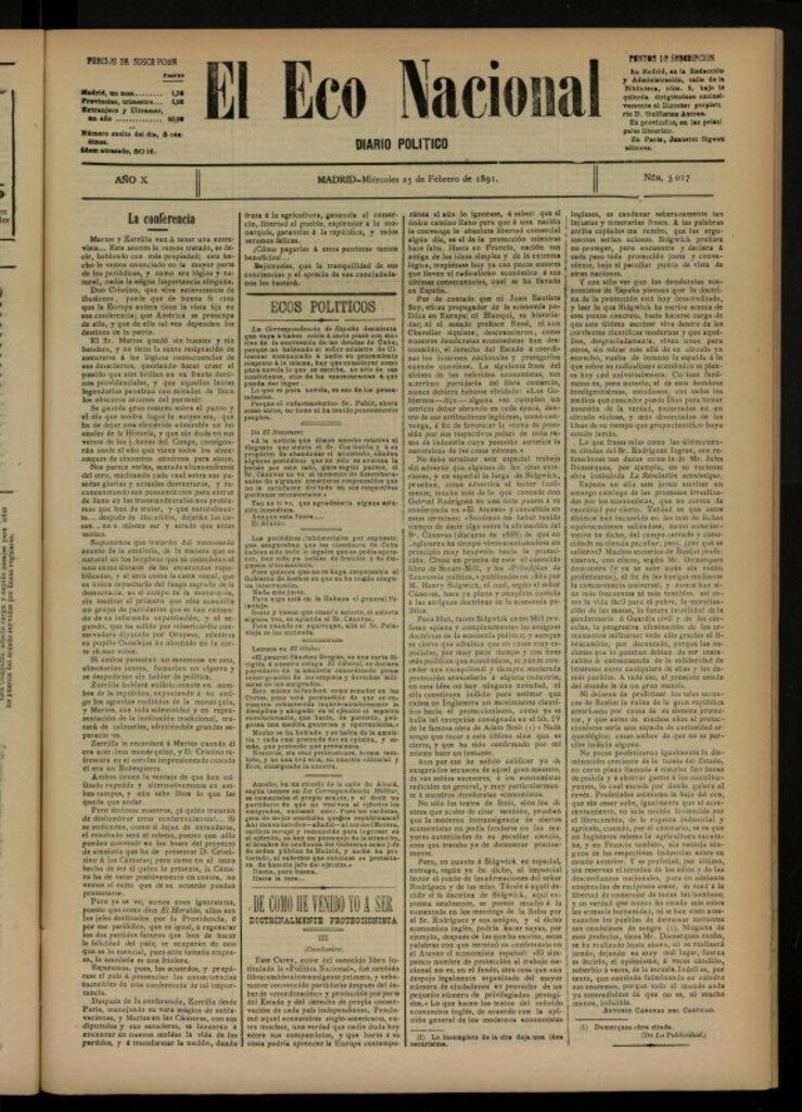 Miniatura de El Eco Nacional de 25 de febrero de 1891, nº 3017