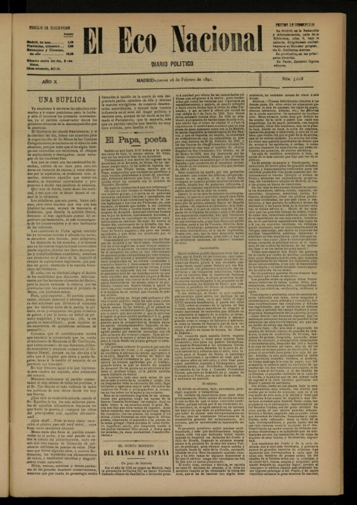 Miniatura de El Eco Nacional de 26 de febrero de 1891, nº 3018
