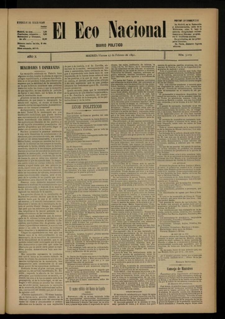 Miniatura de El Eco Nacional de 27 de febrero de 1891, nº 3019