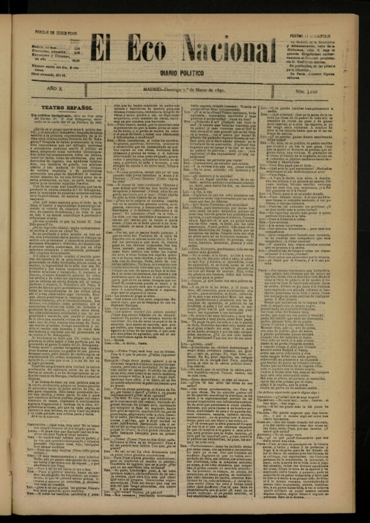 Miniatura de El Eco Nacional de 1 de marzo de 1891, nº 3020
