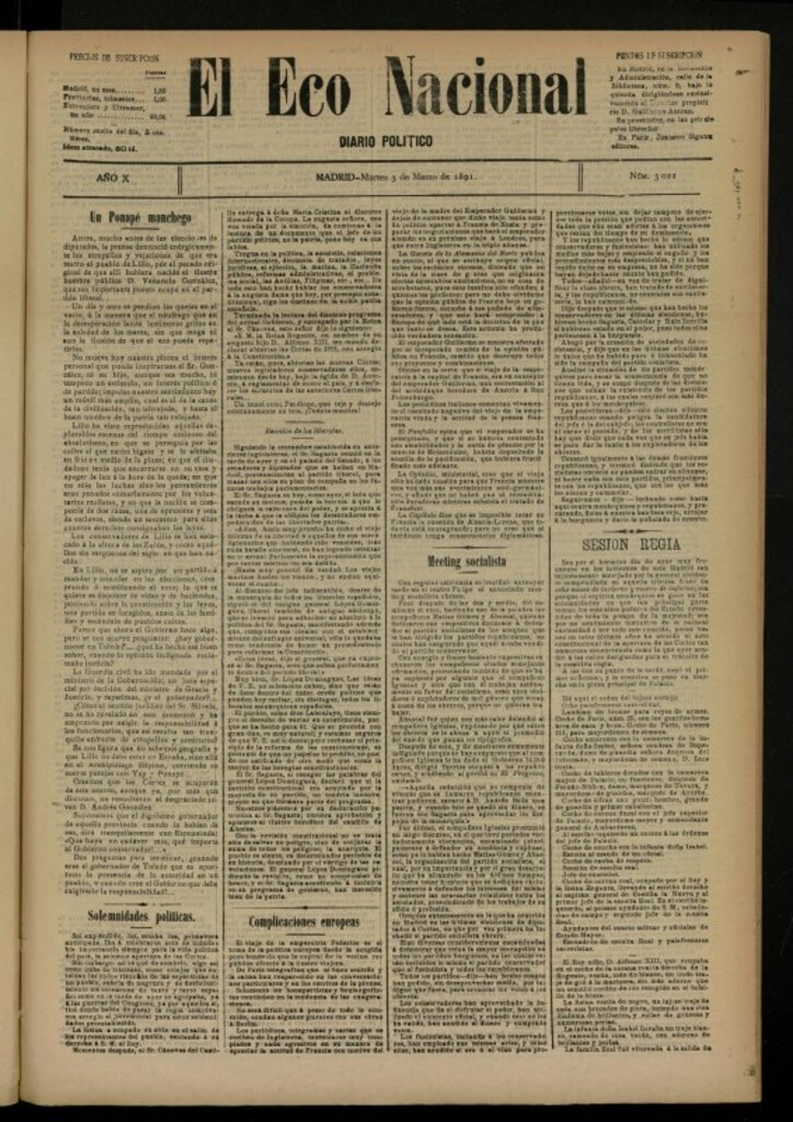 Miniatura de El Eco Nacional de 3 de marzo de 1891, nº 3021