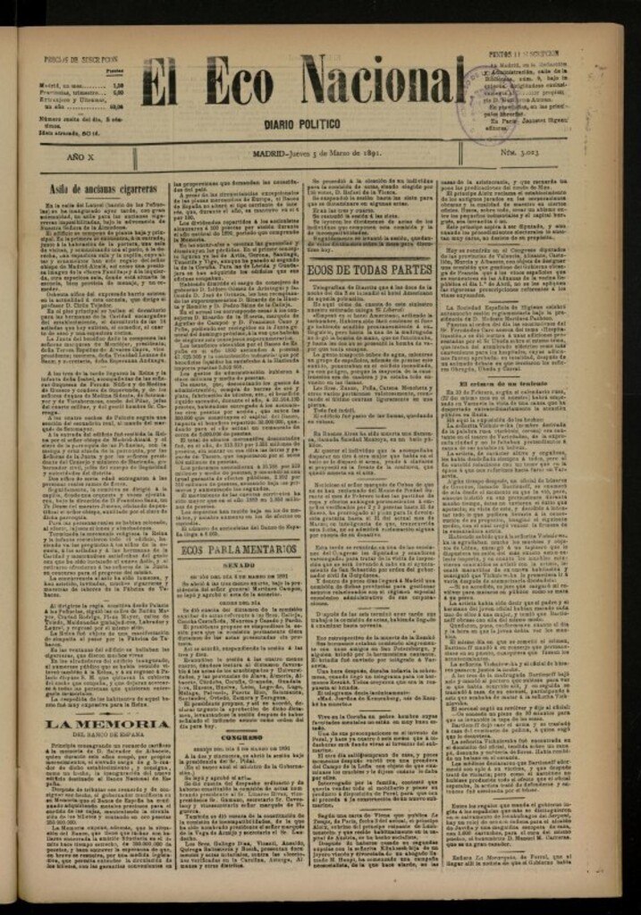 Miniatura de El Eco Nacional de 5 de marzo de 1891, nº 3023