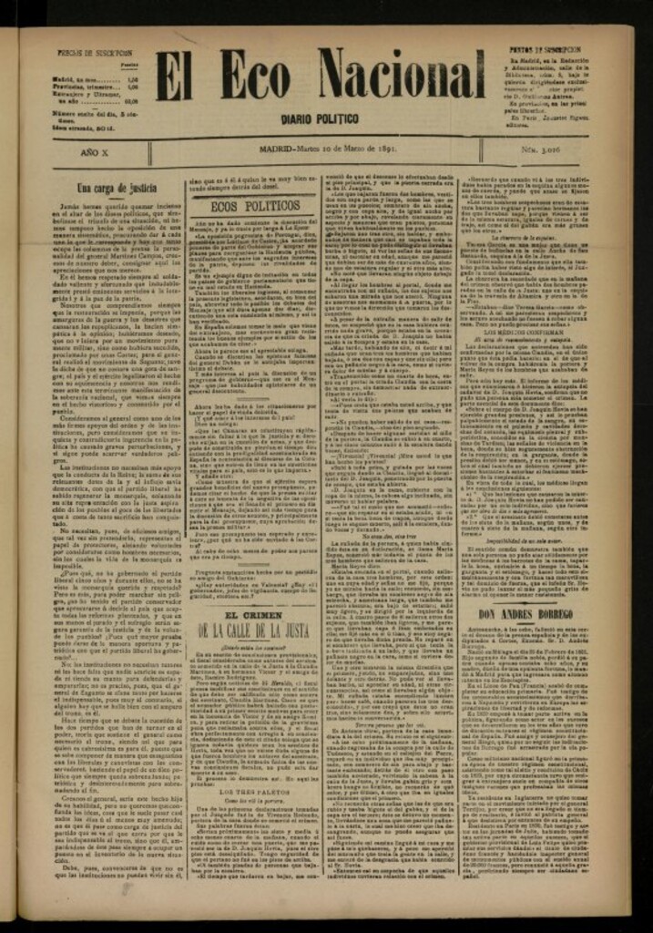 Miniatura de El Eco Nacional de 10 de marzo de 1891, nº 3026
