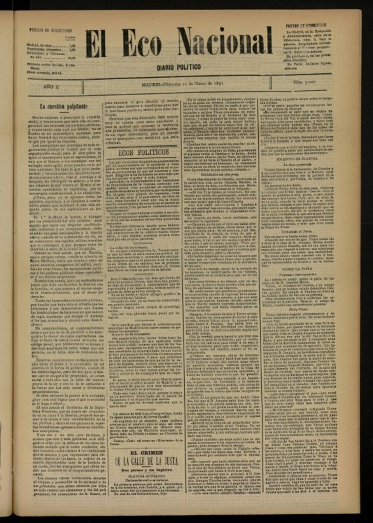 Miniatura de El Eco Nacional de 11 de marzo de 1891, nº 3027